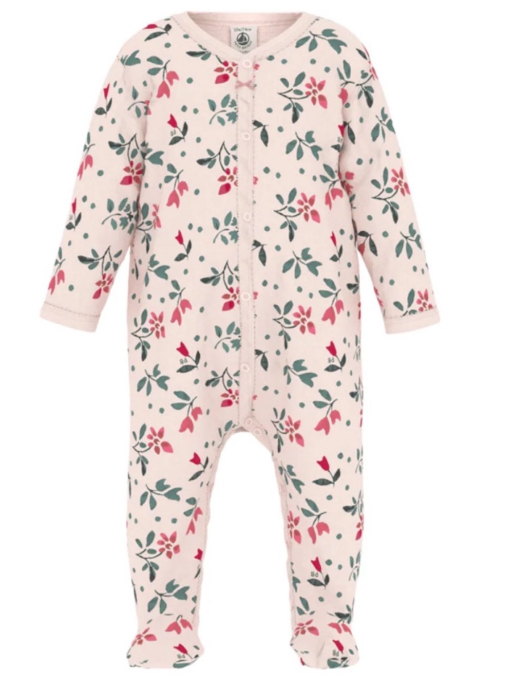 NWT PETIT BATEAU Baby Girl Cotton Snap Footie with Red Floral Print - 24M
